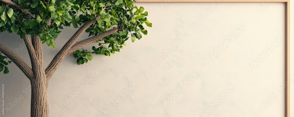 Poster Plane tree abstract background idea. A minimalistic view of a tree near a blank wall, emphasizing nature's beauty indoors.