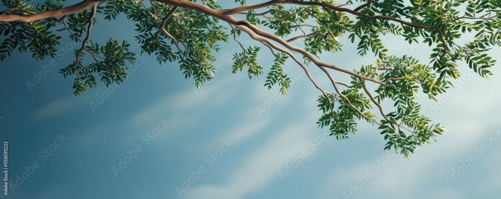 Poster plane tree abstract background idea. a serene view of green leaves against a clear blue sky, evoking
