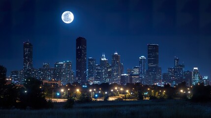 Obraz premium A stunning city skyline illuminated by moonlight, showcasing modern buildings against a deep blue night sky.