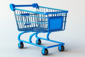 An isolated 3D rendered blue shopping cart or cart icon on a transparent background, ideal for marketing, consumer use, sales, and online shopping.