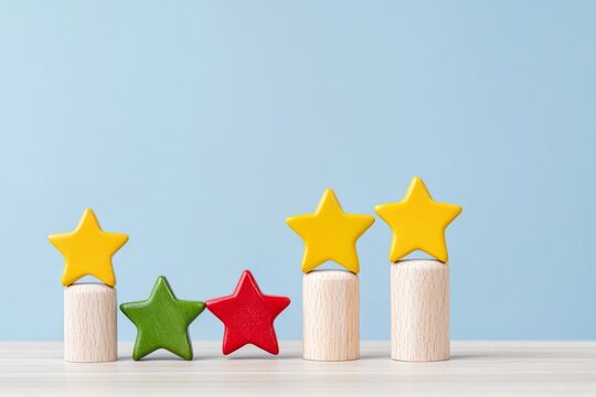 A five-star rating displayed on a wood table, symbolizing top-notch business services and exceptional customer experiences.