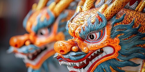 Fototapeta premium Colorful Dragon Statues in Close Up View