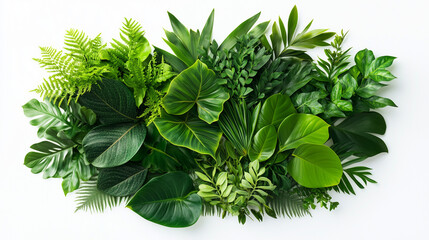 Close Up of Fresh Dark Green Tropical Leaves Bouquets in a Botanical Frame on White Background for Design and Copy Space






