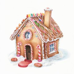 Gingerbread House Illustration with Colorful Icing and Candy Canes in a Festive Winter Scene