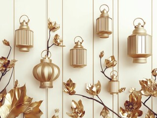 Obraz premium Chinese New Year Golden lanterns and flowers on a light wall.