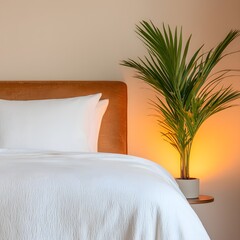Cozy bedroom with a stylish plant and warm lighting