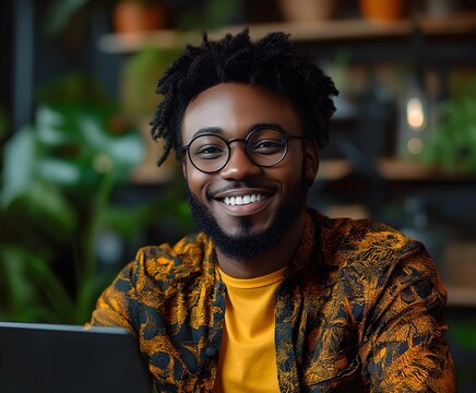 Smiling man with glasses and laptop working outdoors, enjoying happiness and youth jn cafe 