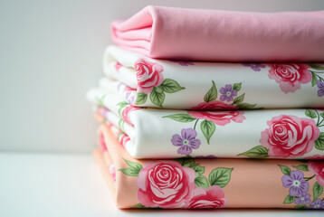A stack of patterned fabrics in pink, white, and peach colors.