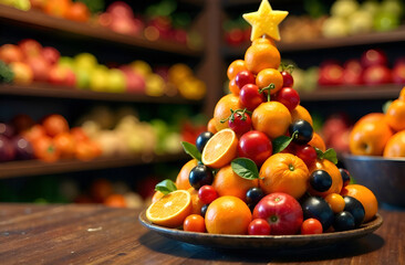 Fresh fruits and vegetables in a grocery store are stacked on a large white plate in the shape of a Christmas tree with a star on top,shelves with products,close-up