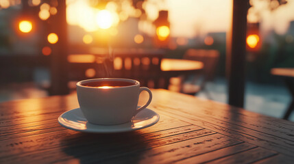 Coffee Cup on Wooden Table at Sunset, Relaxation and Comfort Concept