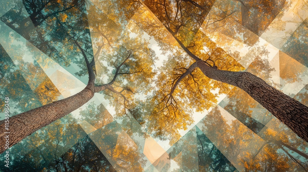 Aufkleber Plane tree abstract background idea. A vibrant view of trees against a colorful abstract backdrop, showcasing nature's beauty.