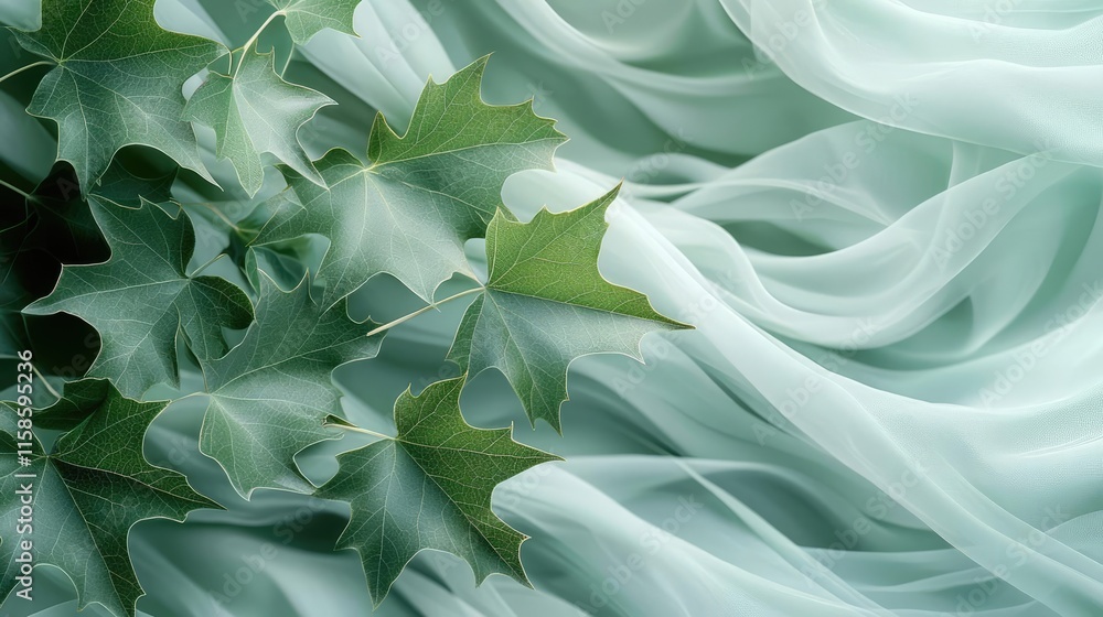 Poster Plane tree abstract background idea. A serene blend of ivy leaves intertwined with flowing sheer fabric in soft green hues.