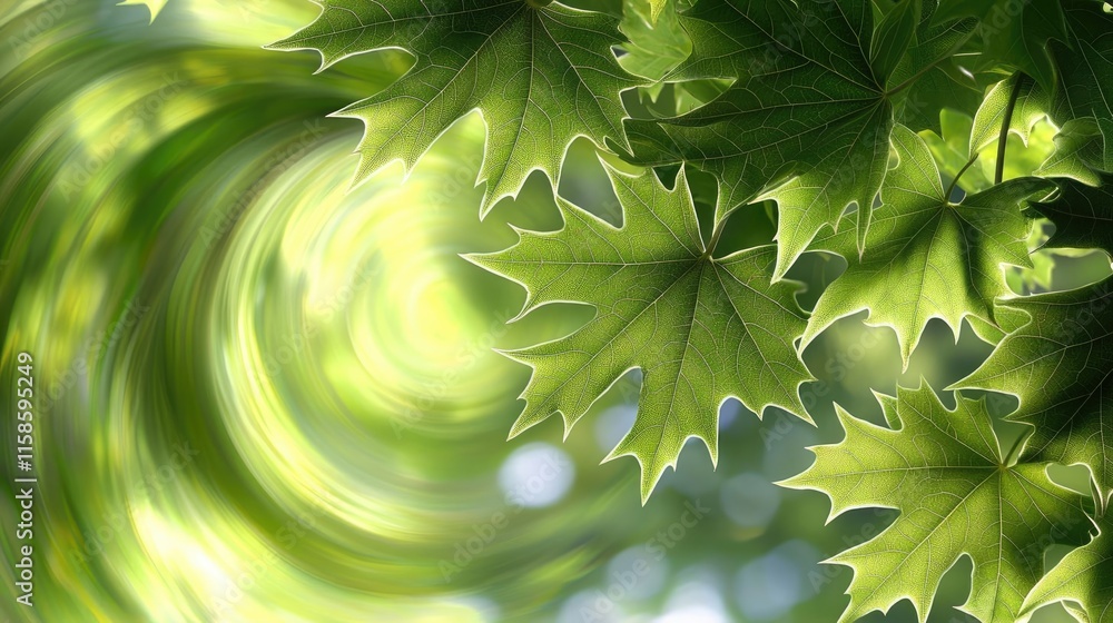 Poster Plane tree abstract background idea. Vibrant green leaves illuminated by sunlight, creating a serene natural background.