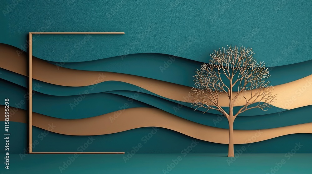 Poster Plane tree abstract background idea. A minimalist tree design against a teal background with golden wave patterns.