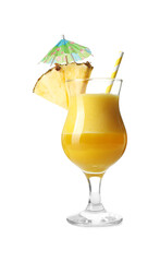 Tasty pineapple cocktail in glass isolated on white