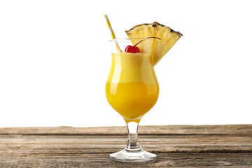 Tasty pineapple cocktail in glass on wooden table against white background
