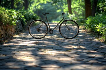 Fototapeta premium A bicycle rides along a park path, casting a shadow on the road, symbolizing a healthy lifestyle, sports cycling, and outdoor activities with social distancing during the COVID-19 pandemic.