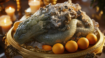 A detailed Chinese jade snake sculpture surrounded by New Year offerings like oranges, with golden...