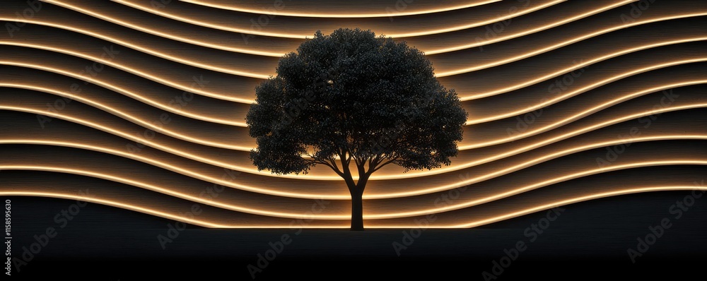 Poster Plane tree abstract background idea. A solitary tree stands against a wavy illuminated background, symbolizing tranquility.