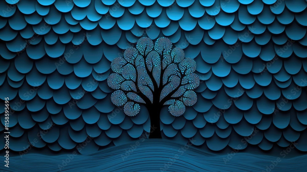 Poster plane tree abstract background idea. a serene blue landscape featuring a solitary tree against a tex