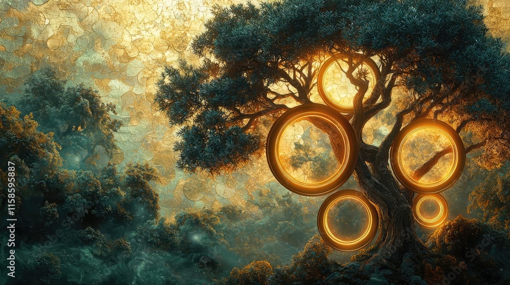 Poster Plane tree abstract background idea. A mystical tree with glowing rings reflecting light in an enchanting forest setting.