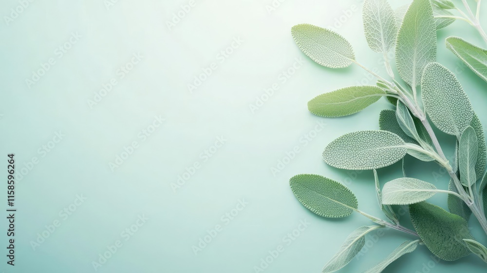 Poster sage leaves abstract background concept. a fresh green leaf arrangement on a soft, calming backgroun