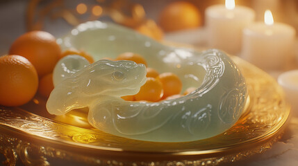 A detailed Chinese jade snake sculpture surrounded by New Year offerings like oranges, with golden...