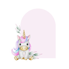 Unicorn, leaves. Arch-shaped Background of Cute baby fairy tale horse. Isolated hand drawn watercolor frame. Template for kid's goods, birthday invitations,baby shower cards, poster, children's room