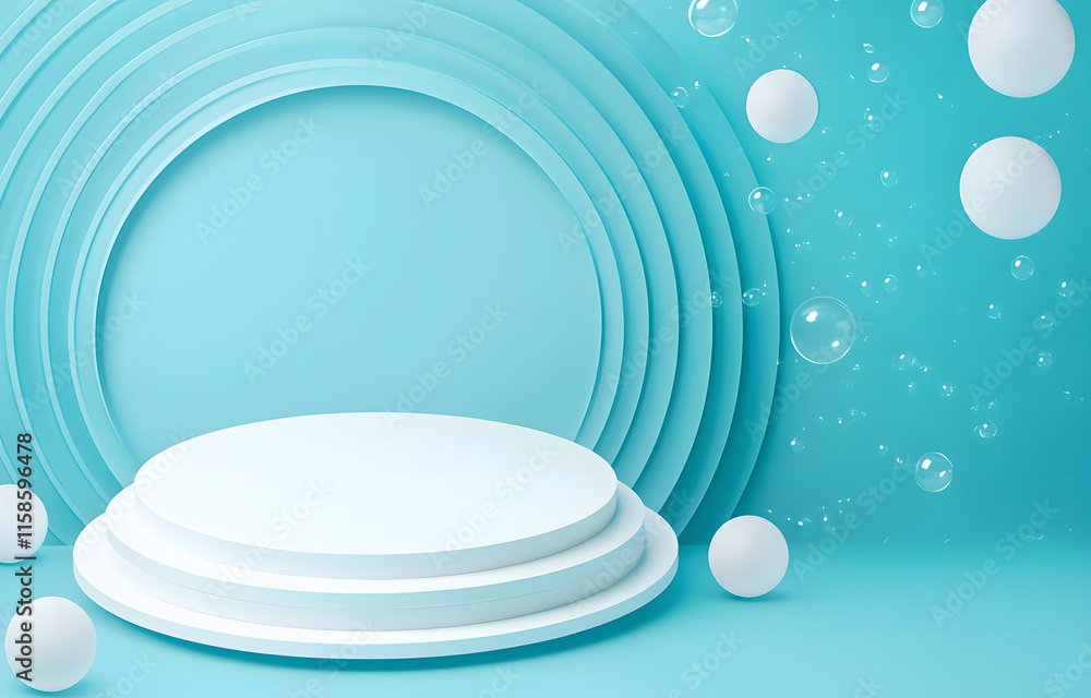 Poster creative display platform with bubbles studio setting 3d design soft colors artistic viewpoint