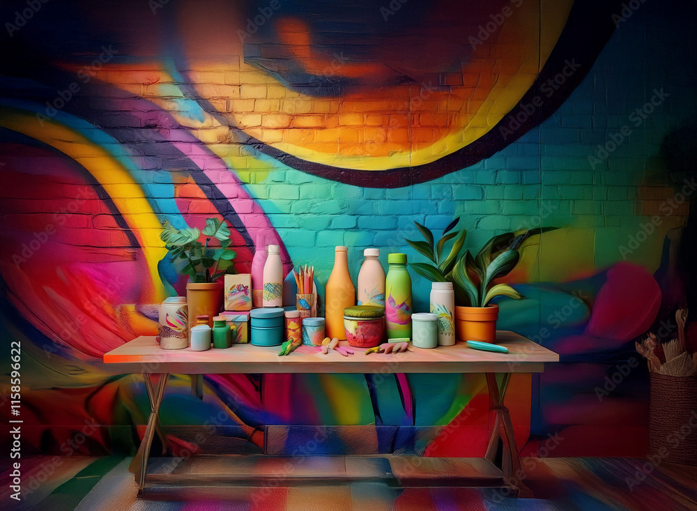 Poster vibrant graffiti wall backdrop illuminates a wooden table showcasing an array of colorful containers