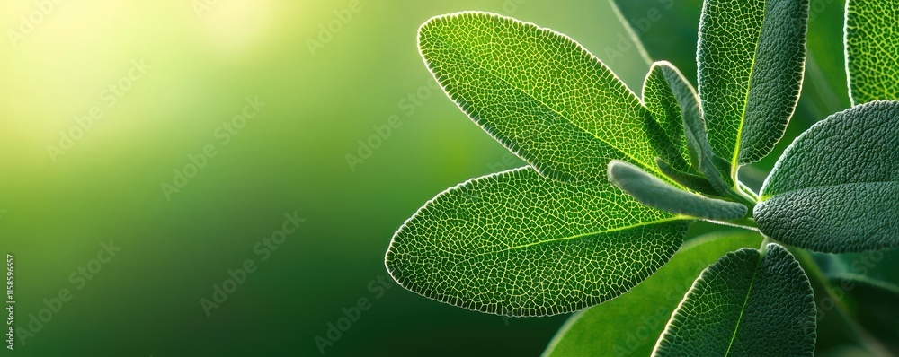Poster sage leaves abstract background concept. close-up view of vibrant green leaves in soft natural light