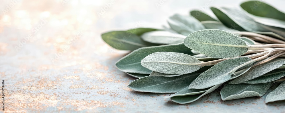 Poster sage leaves abstract background concept. fresh green sage leaves arranged beautifully on a textured 