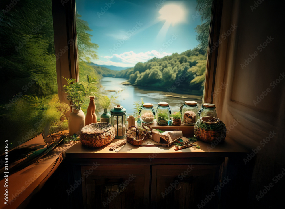 Poster serene river view from a rustic window, showcasing a collection of glass jars and wooden containers 