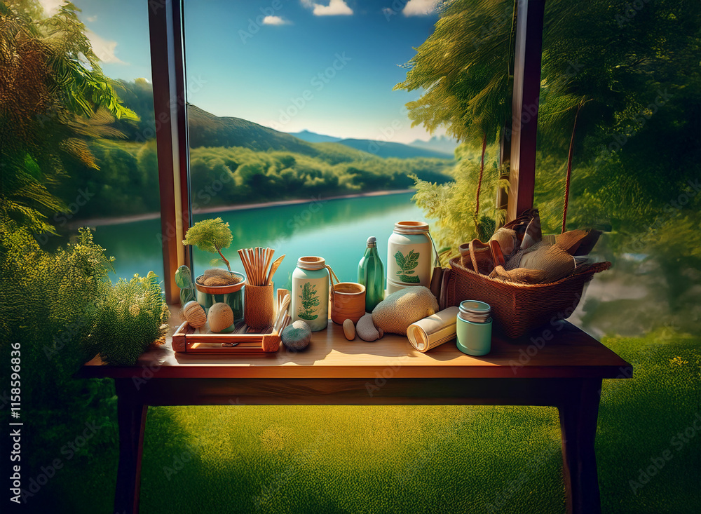 Poster serene landscape view framed by a wooden structure, showcasing a rustic table filled with pottery an