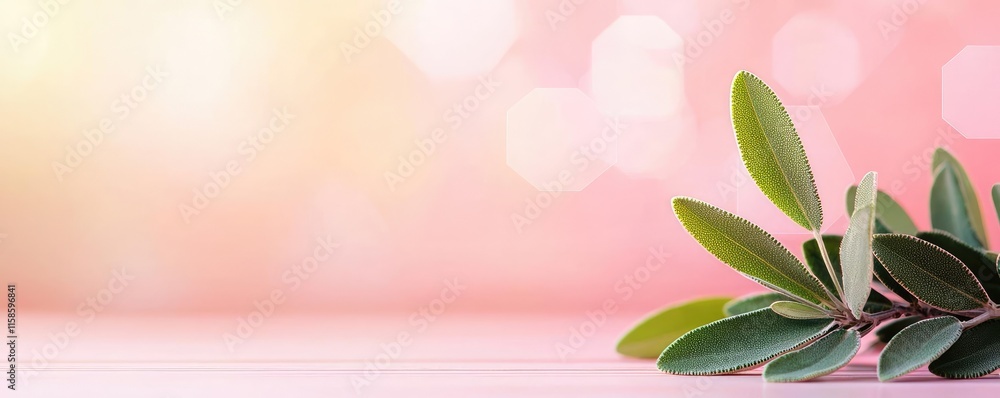 Poster sage leaves abstract background concept. a close-up of a vibrant green leaf on a soft pink backgroun