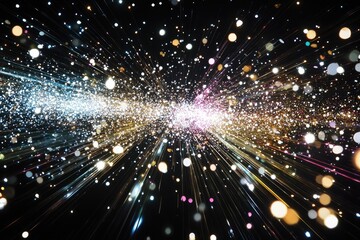 Fototapeta premium On black background, many light particles and prisms emit glow in various directions, showing white and rainbow reflections.