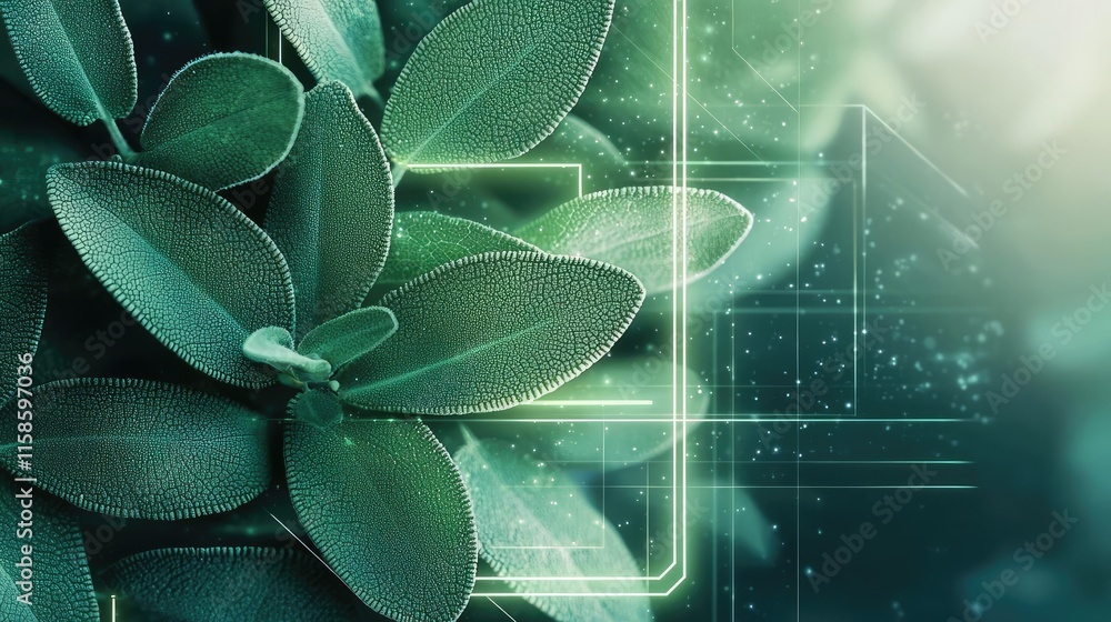 Poster sage leaves abstract background concept. close-up of fresh green leaves with soft sunlight and digit
