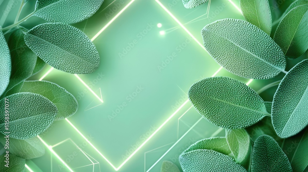 Poster sage leaves abstract background concept. a fresh green leaf background with glowing elements for a n