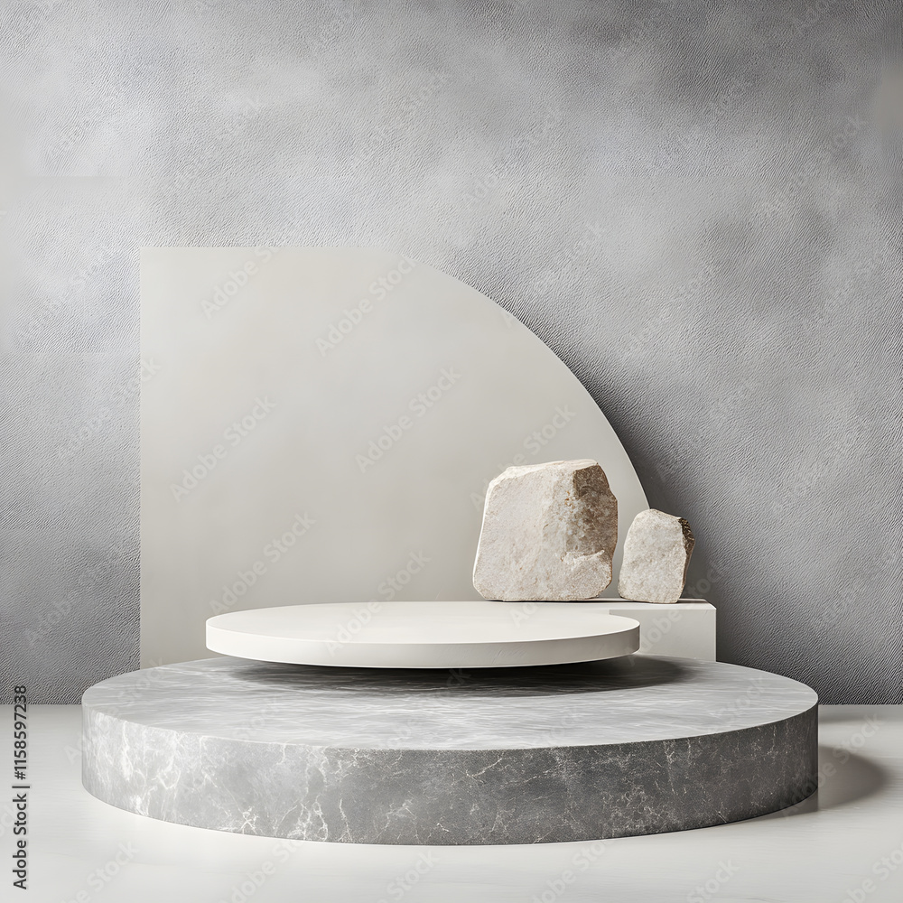 Aufkleber minimalist architectural display featuring stone and circular elements in modern interior design env