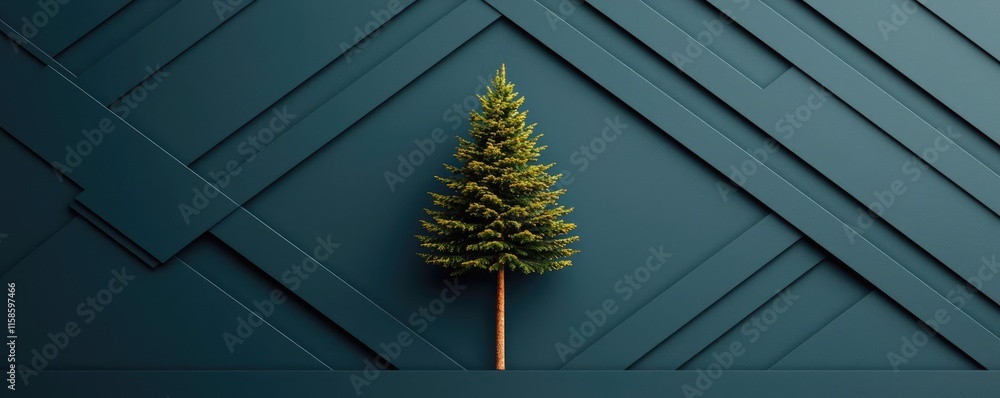 Poster Pine tree abstract background idea. A solitary evergreen tree against a geometric dark blue background for minimalistic design.