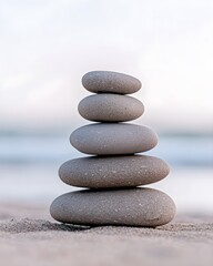 Tranquil stack of smooth stones on a sandy beach