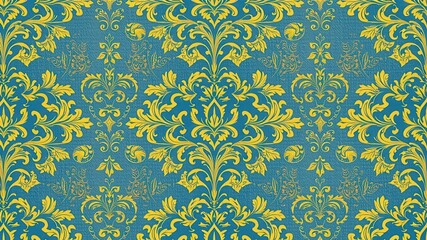 Seamless damask wallpaper in elegant gold and blue tones with intricate floral and intricate motifs, gold, elegant