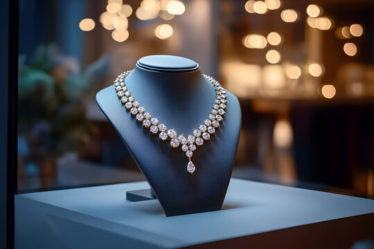 Diamond Necklace Displayed On A Gray Stand