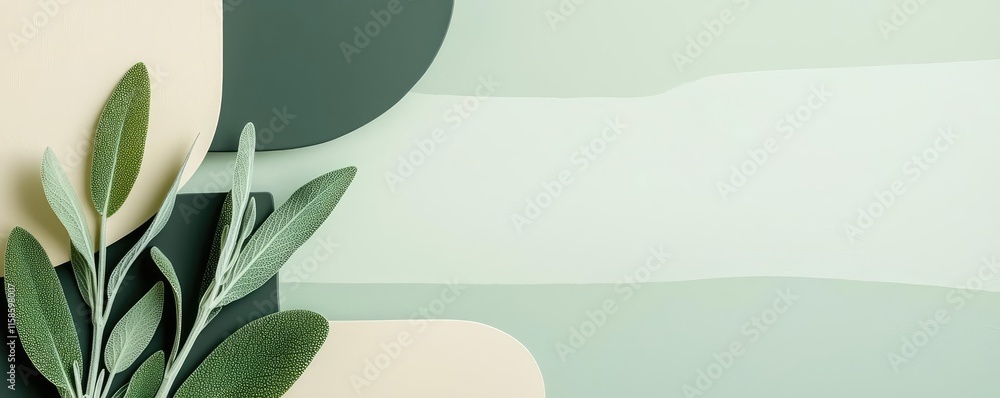 Poster sage leaves abstract background concept. aesthetic composition featuring green leaves with abstract 