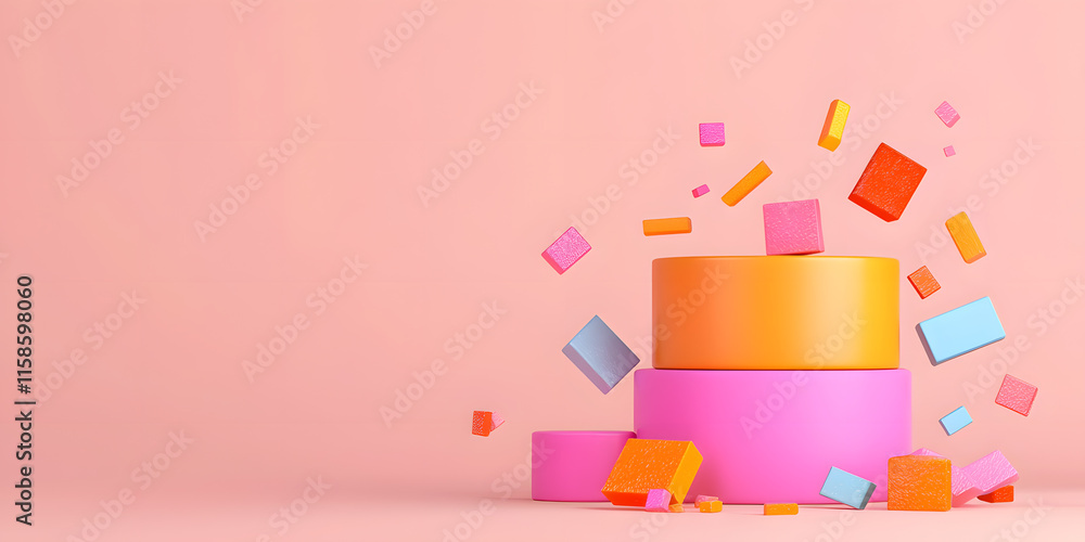 Poster colorful geometric shapes in motion studio setting digital artwork minimalist background dynamic per