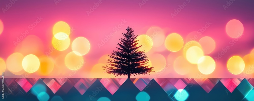 Poster pine tree abstract background idea. a solitary christmas tree against a vibrant, colorful bokeh back