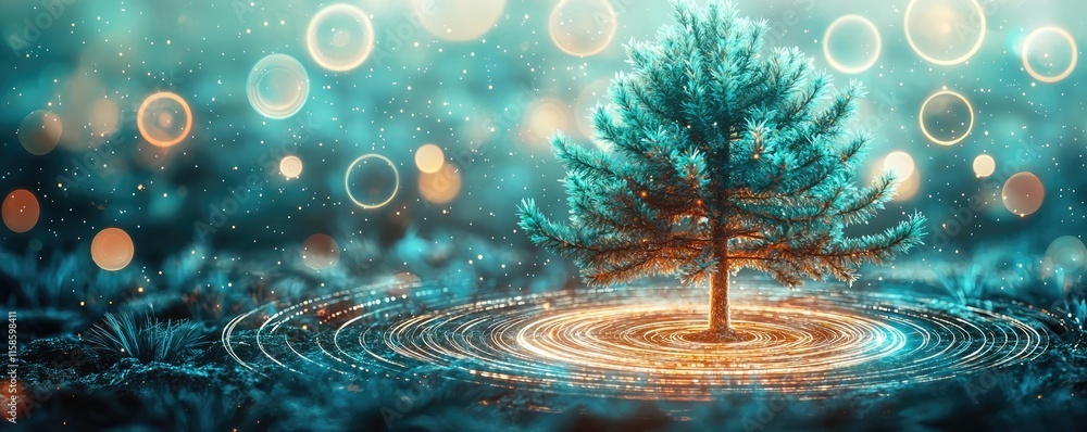 Aufkleber pine tree abstract background idea. a serene tree surrounded by glowing water droplets and vibrant c