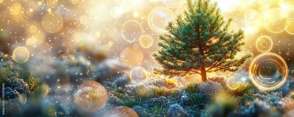 Poster Pine tree abstract background idea. Serene landscape featuring a single pine tree amidst a dreamy, illuminated atmosphere.