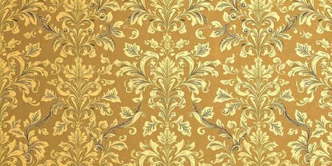Elegant seamless damask wallpaper with intricate floral and vine patterns in gold and cream colors, interior, classic