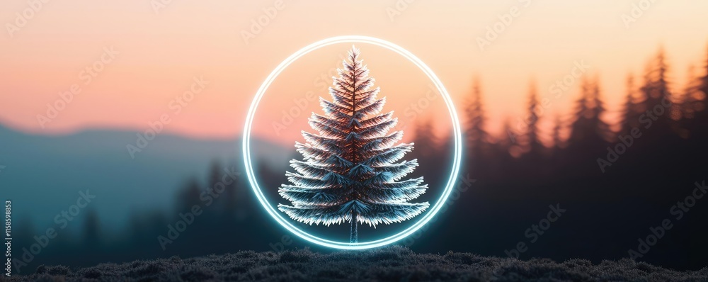 Poster Pine tree abstract background idea. A glowing pine tree surrounded by an ethereal aura at sunset in a serene landscape.